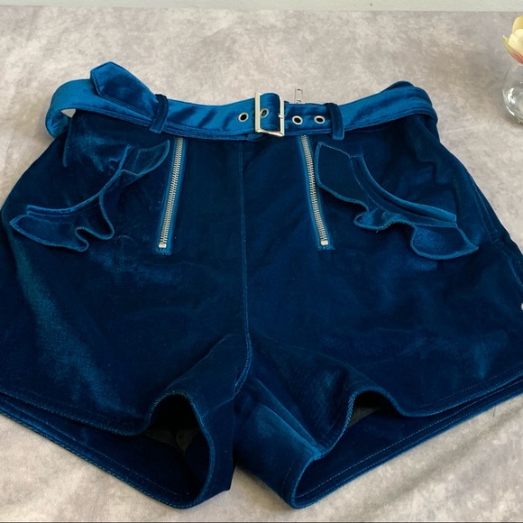 NWT SELF-PORTRAIT Velvet Peacock Blue Double Zip Shorts size 2 - Picture 14 of 15
